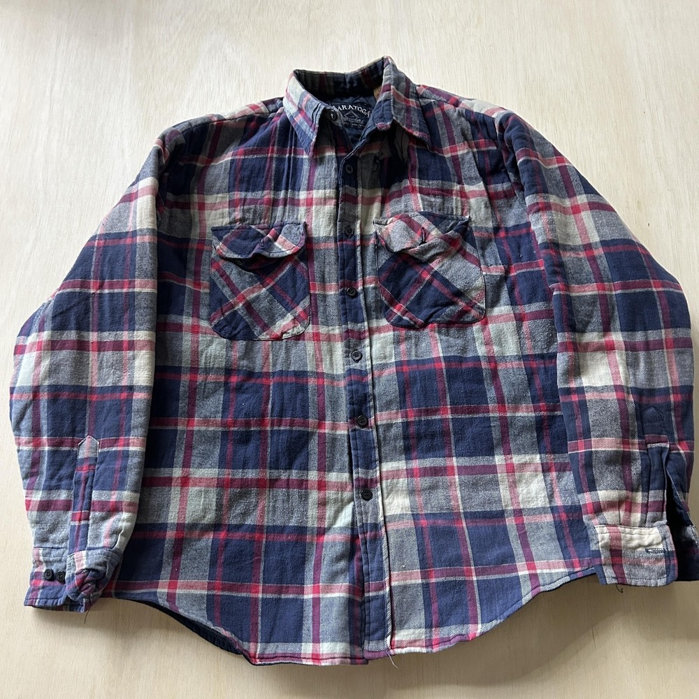 Vintage Saratoga Jacket Men Large Tall Blue Plaid Quilted Flannel Lined Workwear